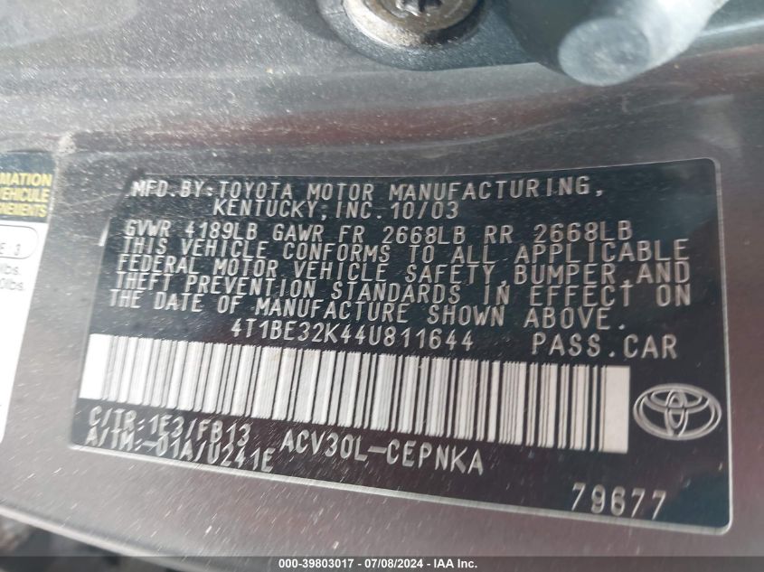 2004 Toyota Camry Le VIN: 4T1BE32K44U811644 Lot: 39803017