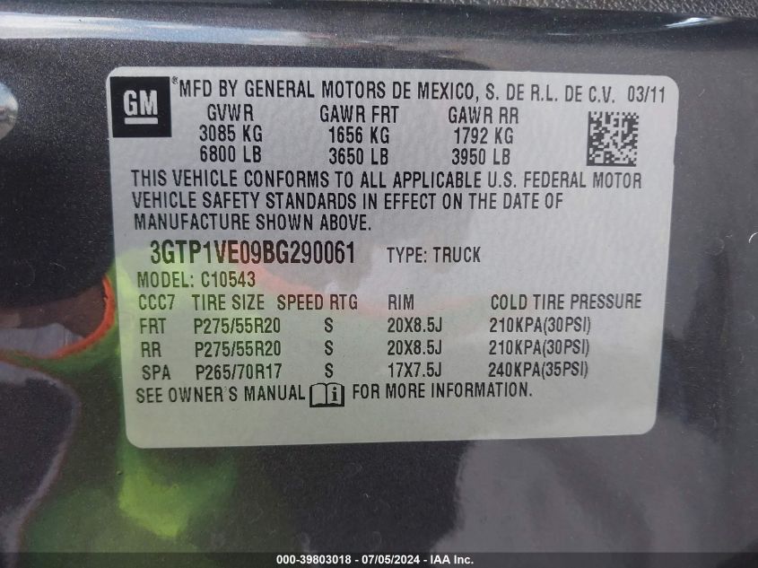 2011 GMC Sierra 1500 Sle VIN: 3GTP1VE09BG290061 Lot: 39803018