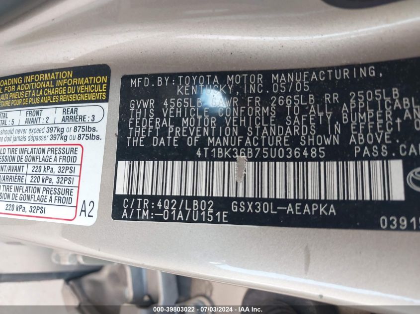 2005 Toyota Avalon Limited VIN: 4T1BK36B75U036485 Lot: 39803022