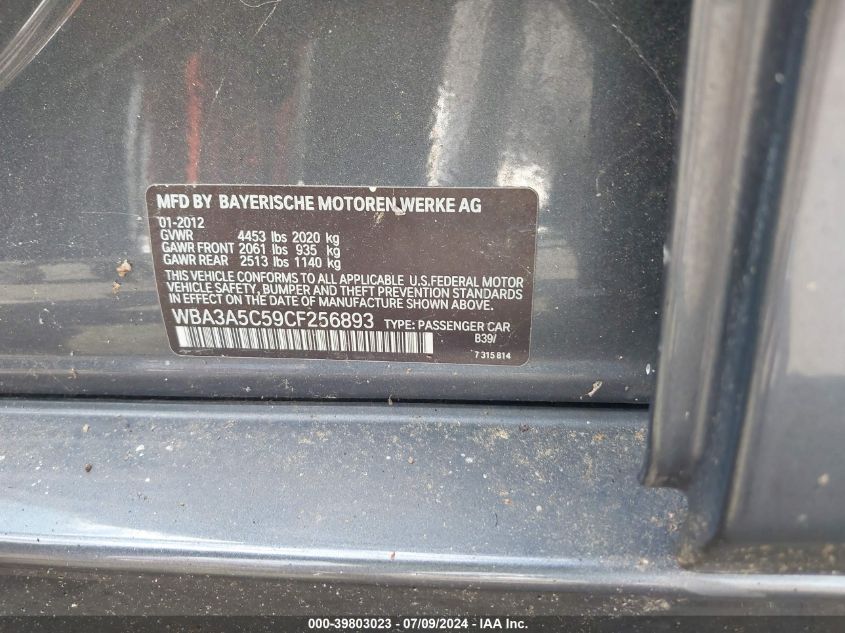 2012 BMW 328I VIN: WBA3A5C59CF256893 Lot: 39803023