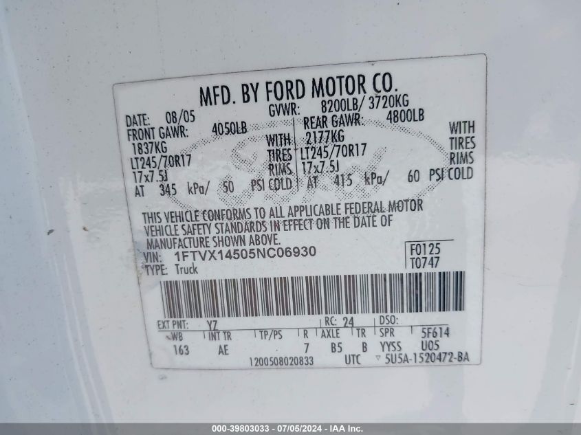 2005 Ford F-150 Fx4/Lariat/Xl/Xlt VIN: 1FTVX14505NC06930 Lot: 39803033