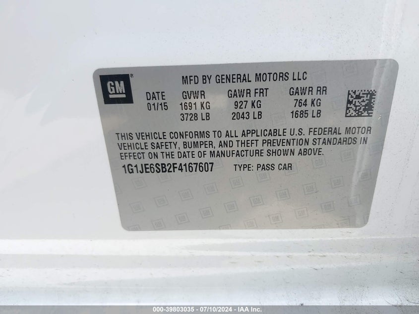 2015 Chevrolet Sonic Ltz Auto VIN: 1G1JE6SB2F4167607 Lot: 39803035