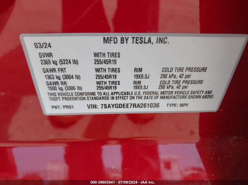 2024 Tesla Model Y Long Range Dual Motor All-Wheel Drive VIN: 7SAYGDEE7RA261036 Lot: 39803041