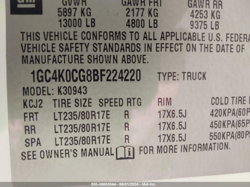 2011 Chevrolet Silverado 3500Hd Lt VIN: 1GC4K0CG8BF224220 Lot: 39803044