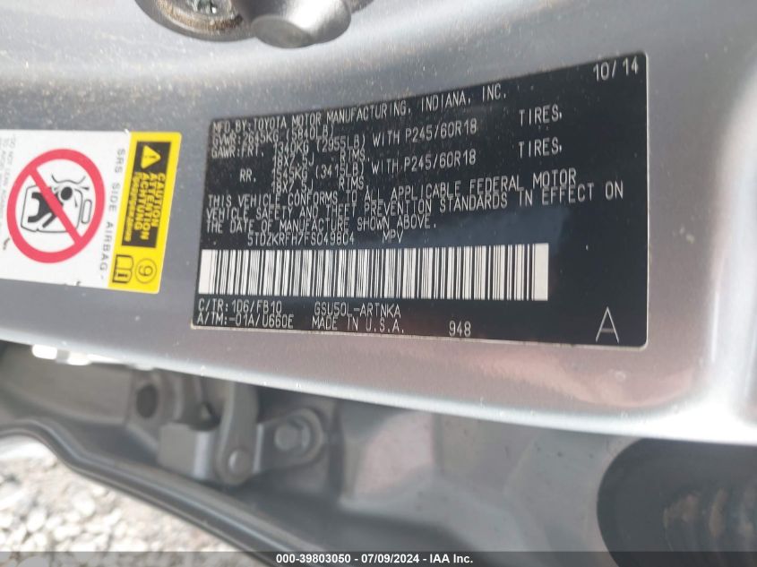 2015 Toyota Highlander Le/Le Plus VIN: 5TDZKRFH7FS049804 Lot: 39803050