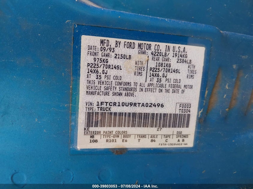 1994 Ford Ranger VIN: 1FTCR10U9RTA02496 Lot: 39803053