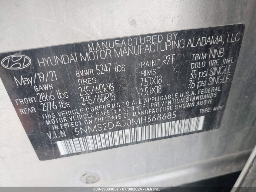 2021 Hyundai Santa Fe Sel VIN: 5NMS2DAJ0MH368685 Lot: 39803057