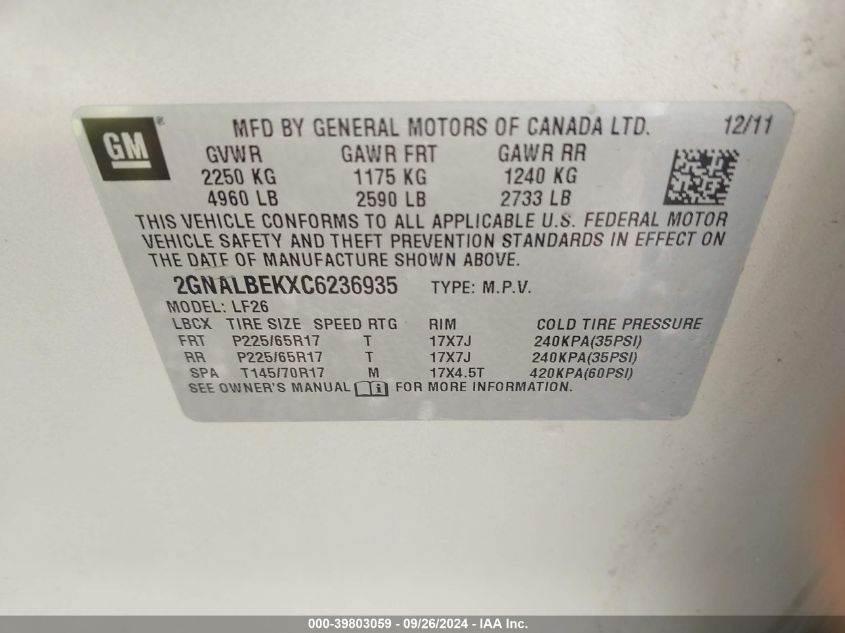 2012 Chevrolet Equinox Ls VIN: 2GNALBEKXC6236935 Lot: 39803059