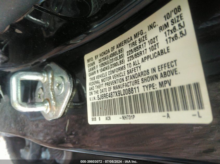 2009 Honda Cr-V Ex-L VIN: 5J6RE487X9L008811 Lot: 39803072