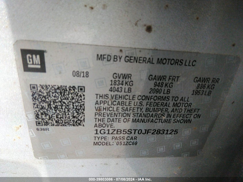 2018 Chevrolet Malibu 1Ls VIN: 1G1ZB5ST0JF283125 Lot: 39803086