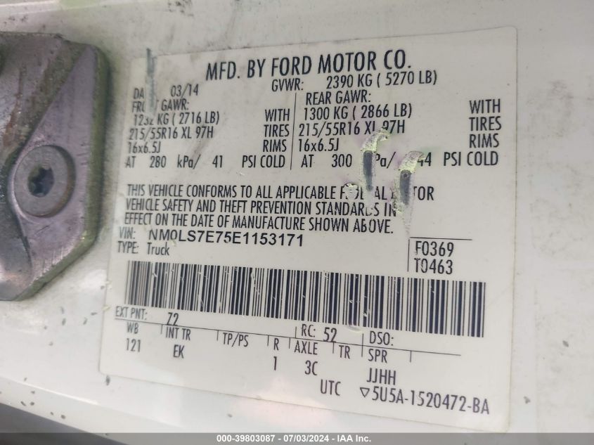 2014 Ford Transit Connect Xl VIN: NM0LS7E75E1153171 Lot: 39803087