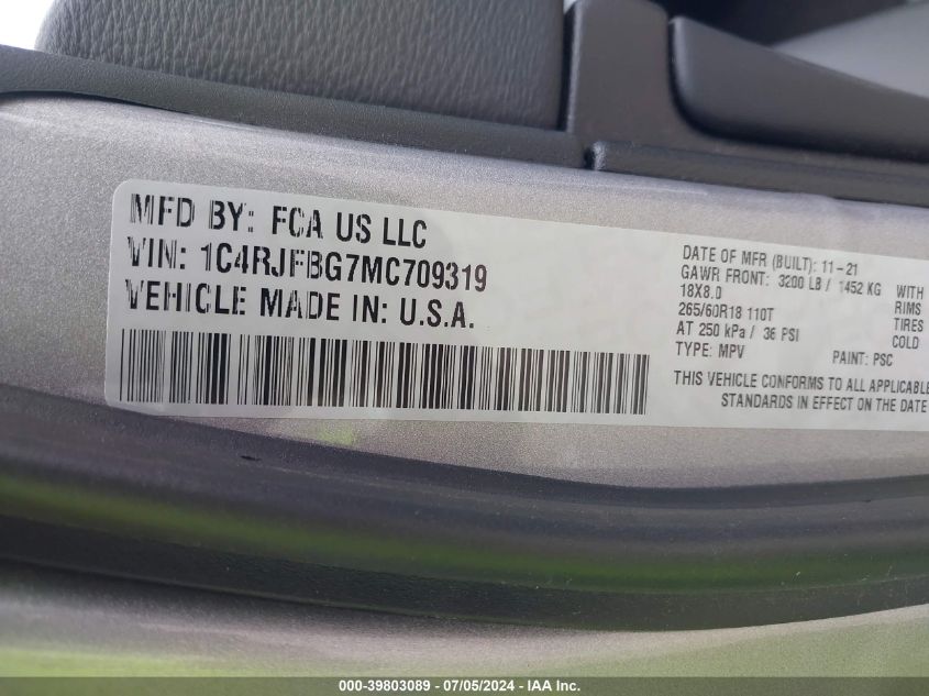 2021 Jeep Grand Cherokee Limited 4X4 VIN: 1C4RJFBG7MC709319 Lot: 39803089