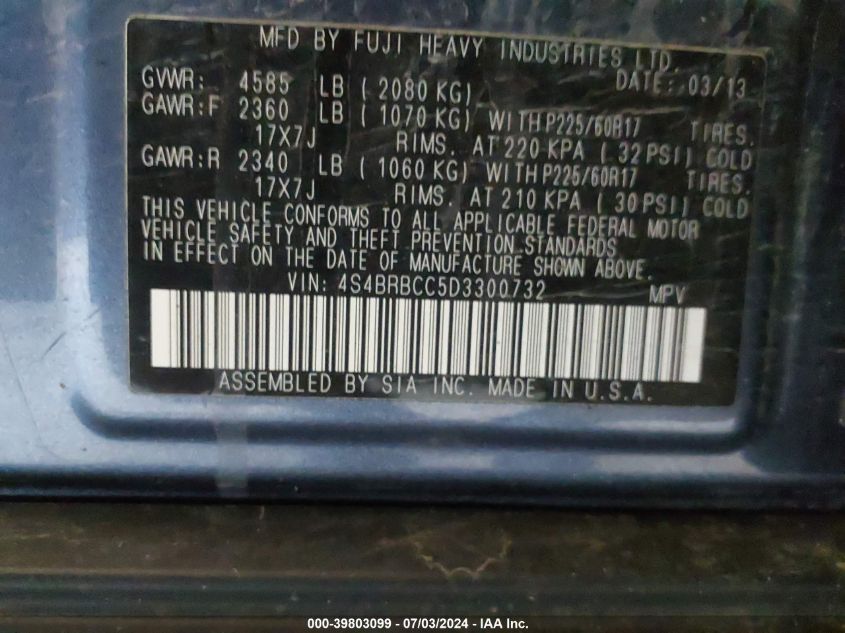 2013 Subaru Outback 2.5I Premium VIN: 4S4BRBCC5D3300732 Lot: 39803099