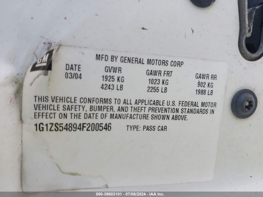2004 Chevrolet Malibu VIN: 1G1ZS54894F200546 Lot: 39803101