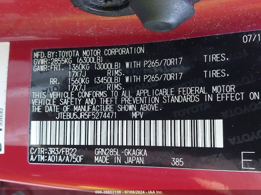 2015 Toyota 4Runner Sr5 VIN: JTEBU5JR5F5274471 Lot: 39803108