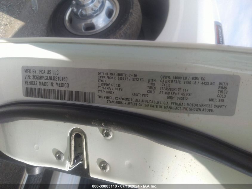 2020 Ram 3500 Tradesman 4X4 8' Box VIN: 3C63RRGL9LG210160 Lot: 39803110