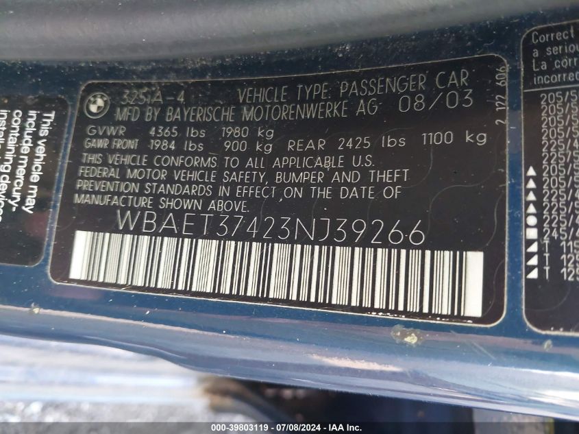 2003 BMW 325I VIN: WBAET37423NJ39266 Lot: 39803119