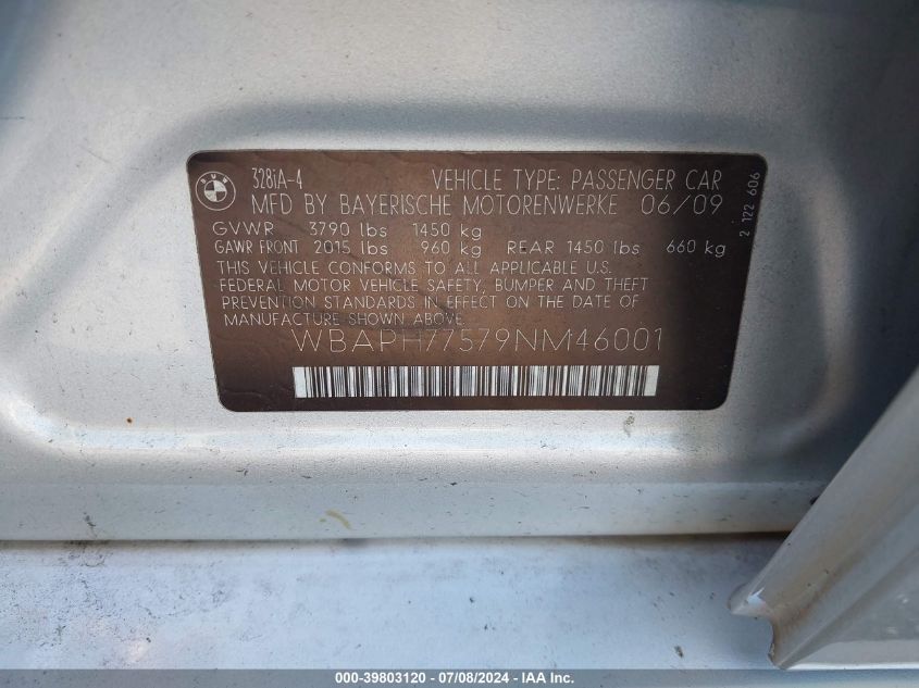 2009 BMW 328I VIN: WBAPH77579NM46001 Lot: 39803120