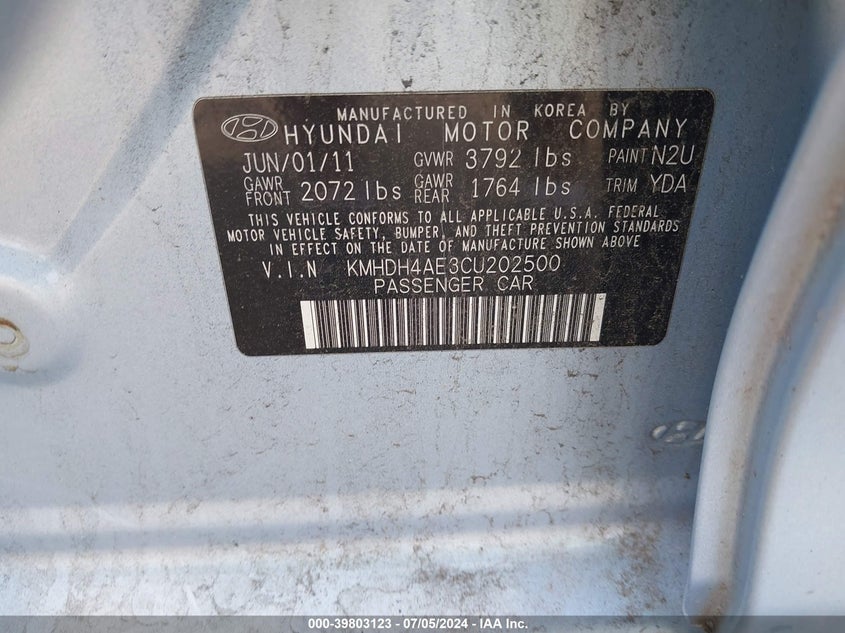 2012 Hyundai Elantra Limited (Ulsan Plant) VIN: KMHDH4AE3CU202500 Lot: 39803123