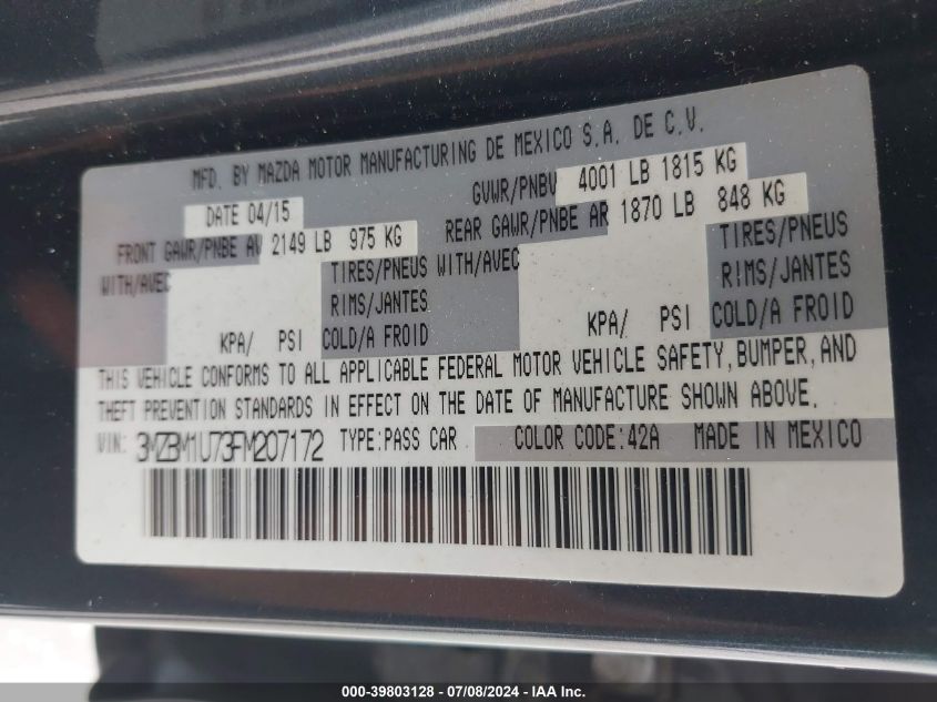 2015 Mazda Mazda3 I Sport VIN: 3MZBM1U73FM207172 Lot: 39803128