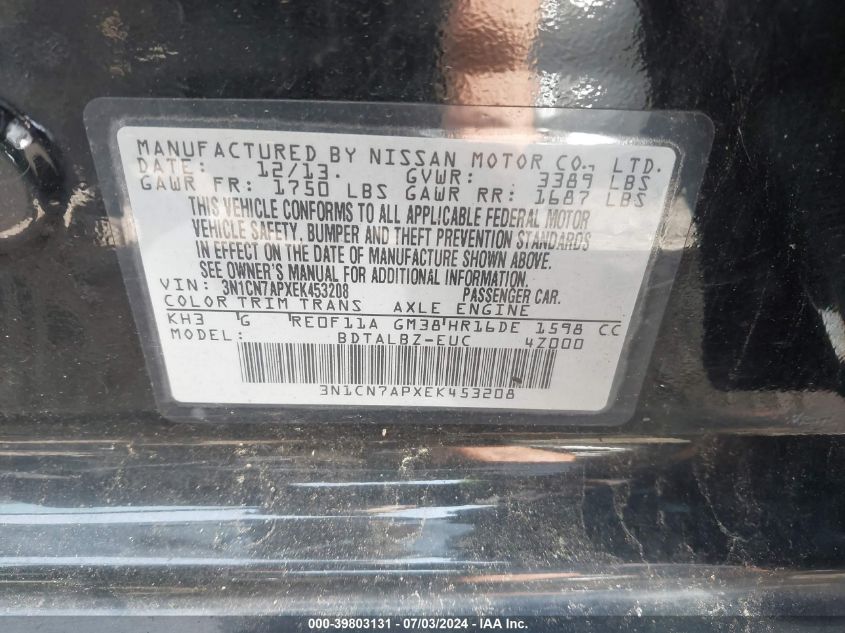 2014 Nissan Versa 1.6 S/1.6 S+/1.6 Sl/1.6 Sv VIN: 3N1CN7APXEK453208 Lot: 39803131