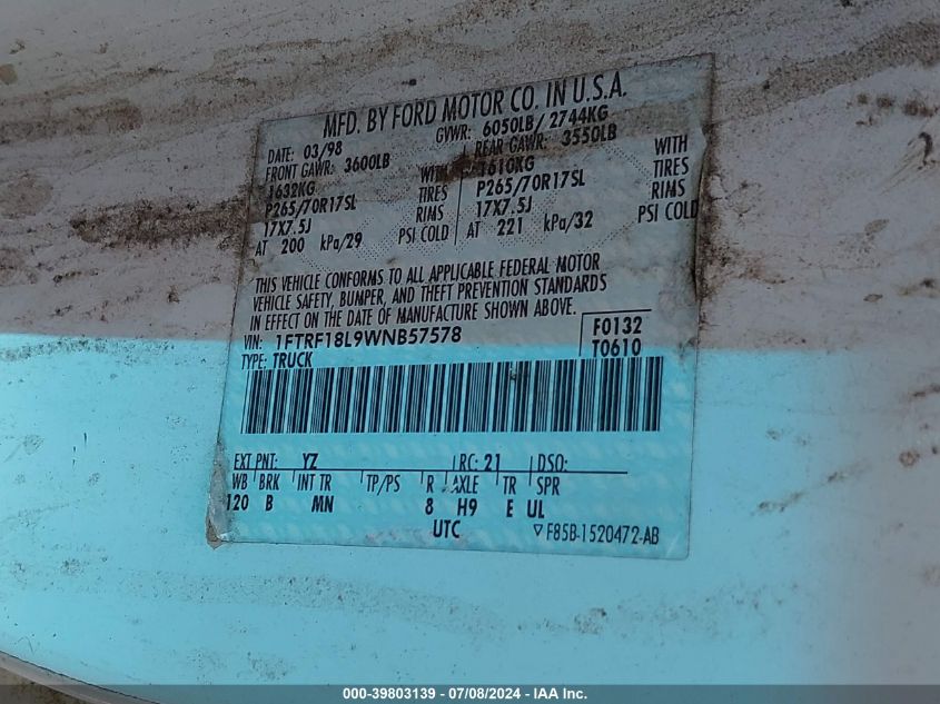 1998 Ford F-150 Lariat/Standard/Xl/Xlt VIN: 1FTRF18L9WNB57578 Lot: 39803139