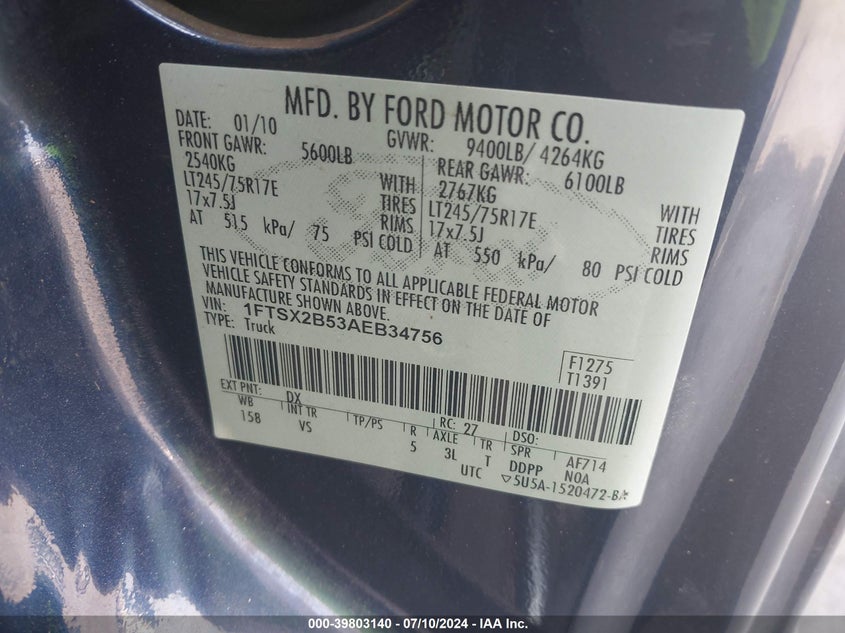 2010 Ford F-250 Lariat/Xl/Xlt VIN: 1FTSX2B53AEB34756 Lot: 39803140