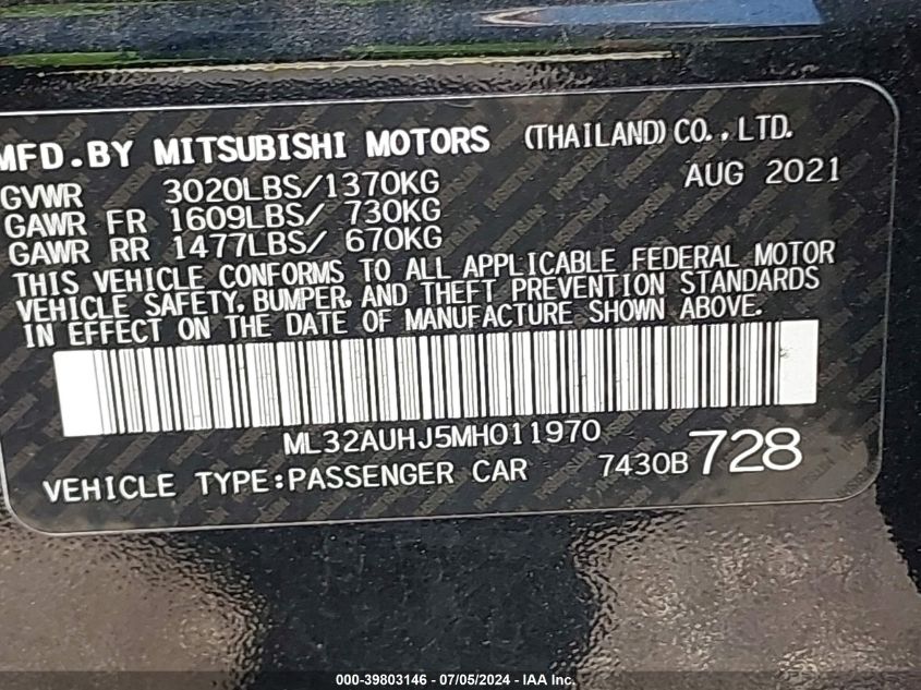 2021 Mitsubishi Mirage Carbonite Edition/Es/Le VIN: ML32AUHJ5MH011970 Lot: 39803146