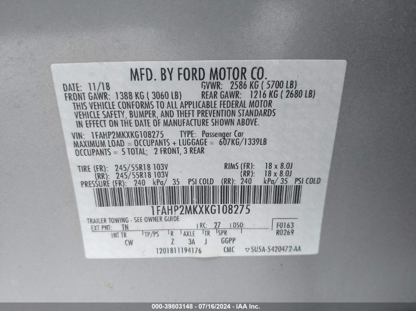 2019 Ford Police Interceptor VIN: 1FAHP2MKXKG108275 Lot: 39803148