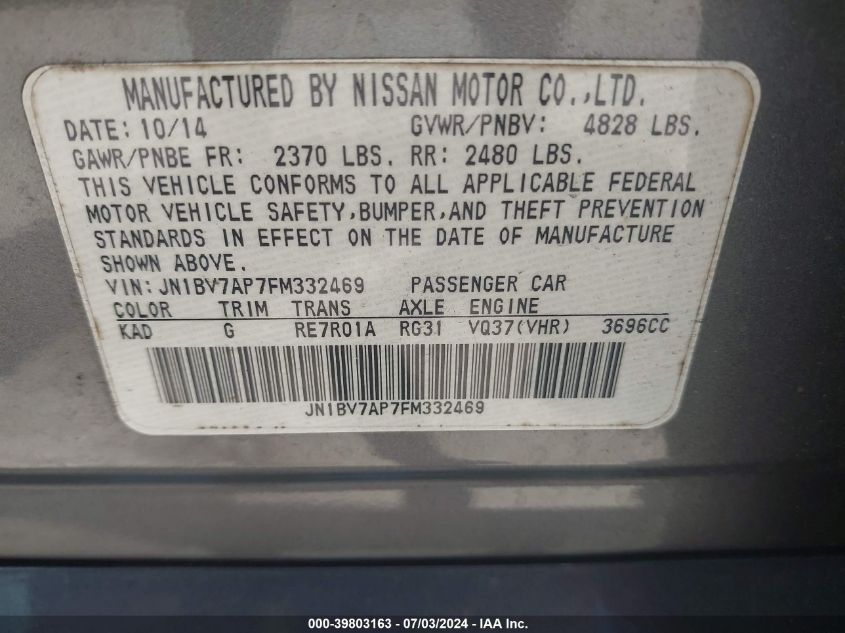 2015 Infiniti Q50 VIN: JN1BV7AP7FM332469 Lot: 39803163