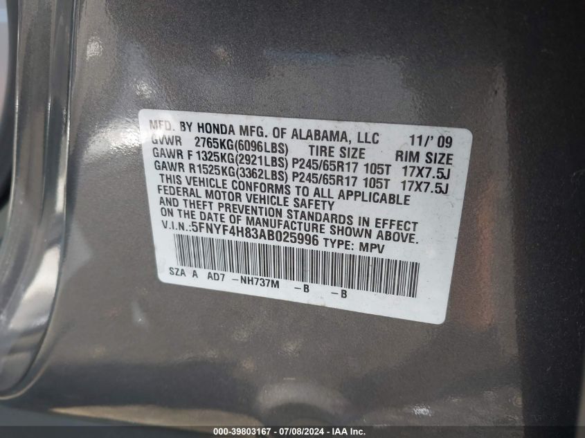 2010 Honda Pilot Touring VIN: 5FNYF4H83AB025996 Lot: 39803167