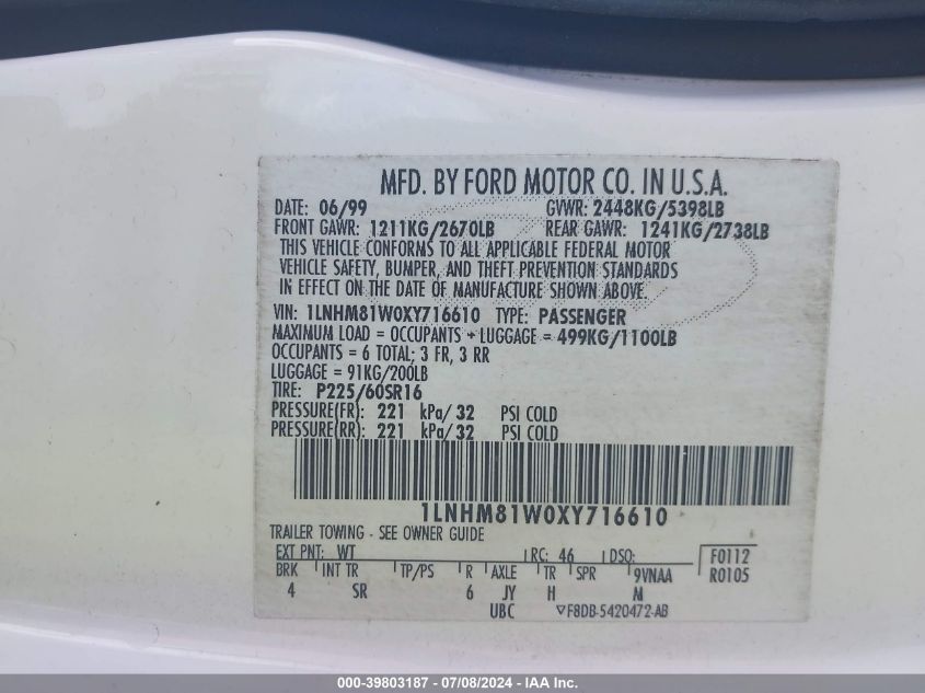 1999 Lincoln Town Car Executive VIN: 1LNHM81W0XY716610 Lot: 39803187