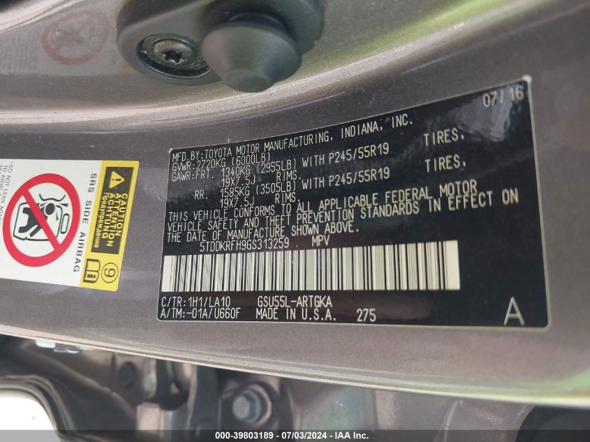 2016 Toyota Highlander Limited Platinum V6 VIN: 5TDDKRFH9GS313259 Lot: 39803189