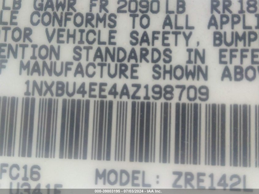 2010 Toyota Corolla Xle VIN: 1NXBU4EE4AZ198709 Lot: 39803195