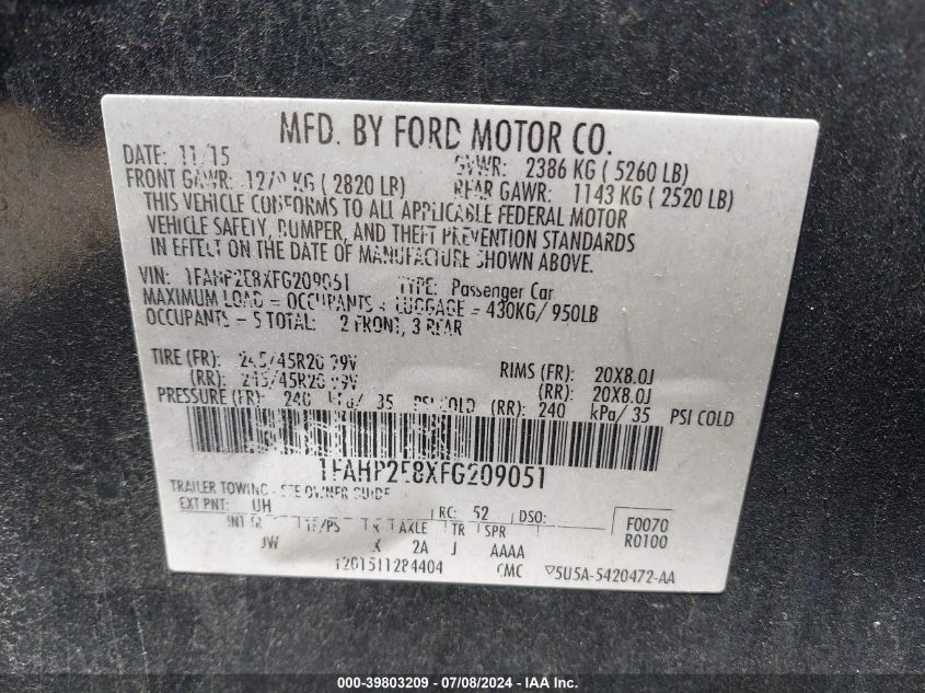 2015 FORD TAURUS SEL - 1FAHP2E8XFG209051