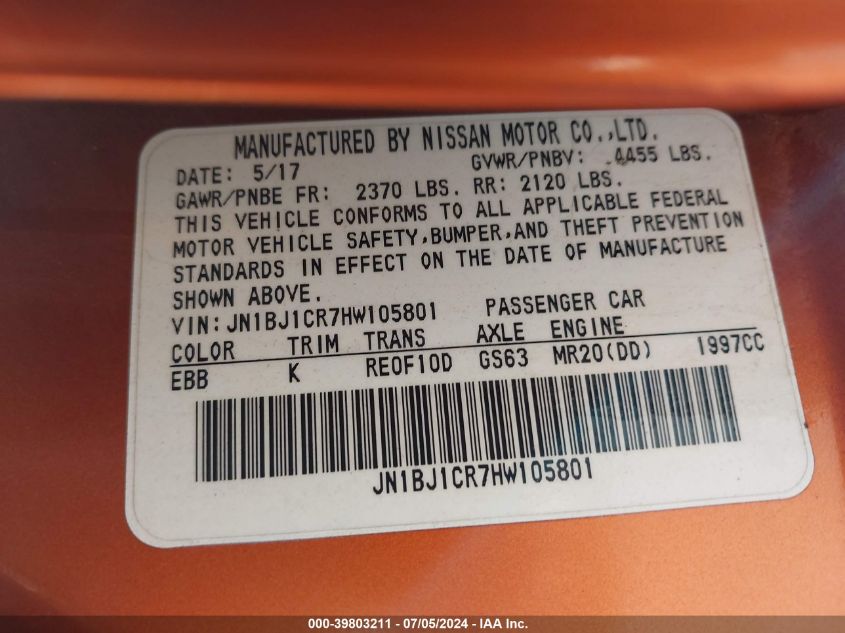 2017 Nissan Rogue Sport Sl VIN: JN1BJ1CR7HW105801 Lot: 39803211