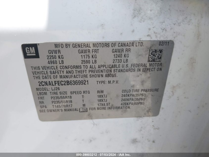 2011 Chevrolet Equinox Ltz VIN: 2CNALFEC2B6369921 Lot: 39803212