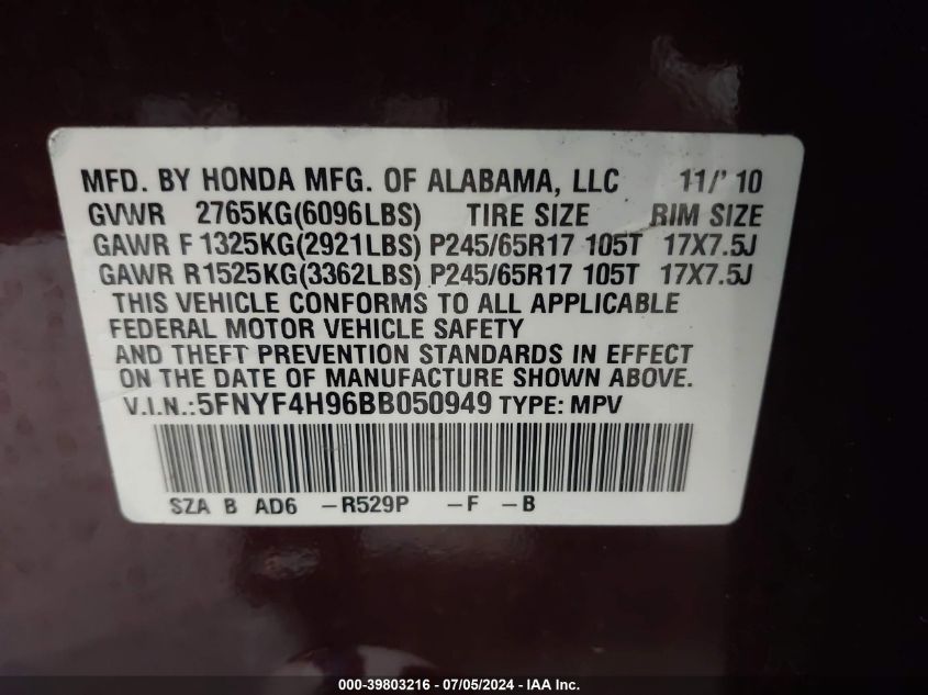 2011 Honda Pilot Touring VIN: 5FNYF4H96BB050949 Lot: 39803216