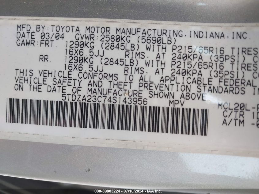 2004 Toyota Sienna Le VIN: 5TDZA23C74S143956 Lot: 39803224