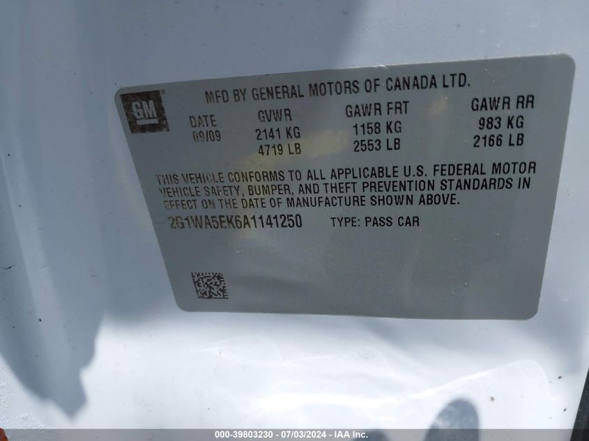 2010 Chevrolet Impala Ls VIN: 2G1WA5EK6A1141250 Lot: 39803230