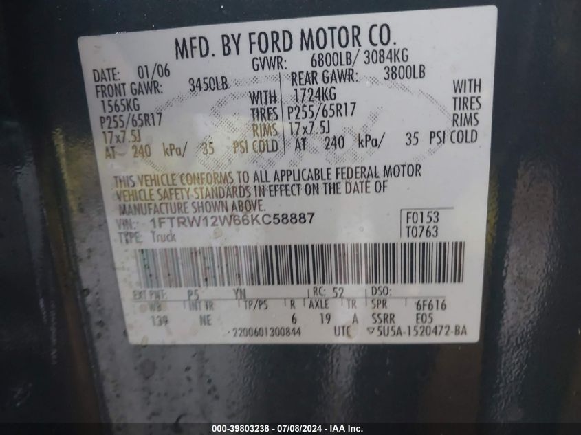 2006 Ford F-150 Xlt VIN: 1FTRW12W66KC58887 Lot: 39803238