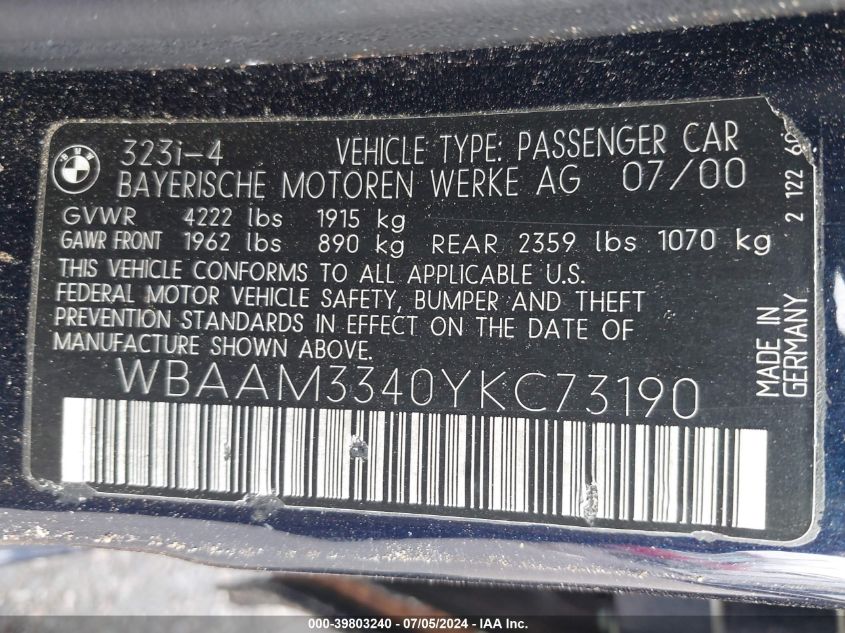 2000 BMW 323I VIN: WBAAM3340YKC73190 Lot: 39803240