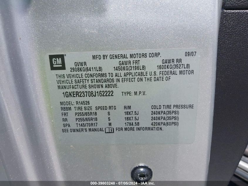2008 GMC Acadia Slt-1 VIN: 1GKER23708J162222 Lot: 39803248
