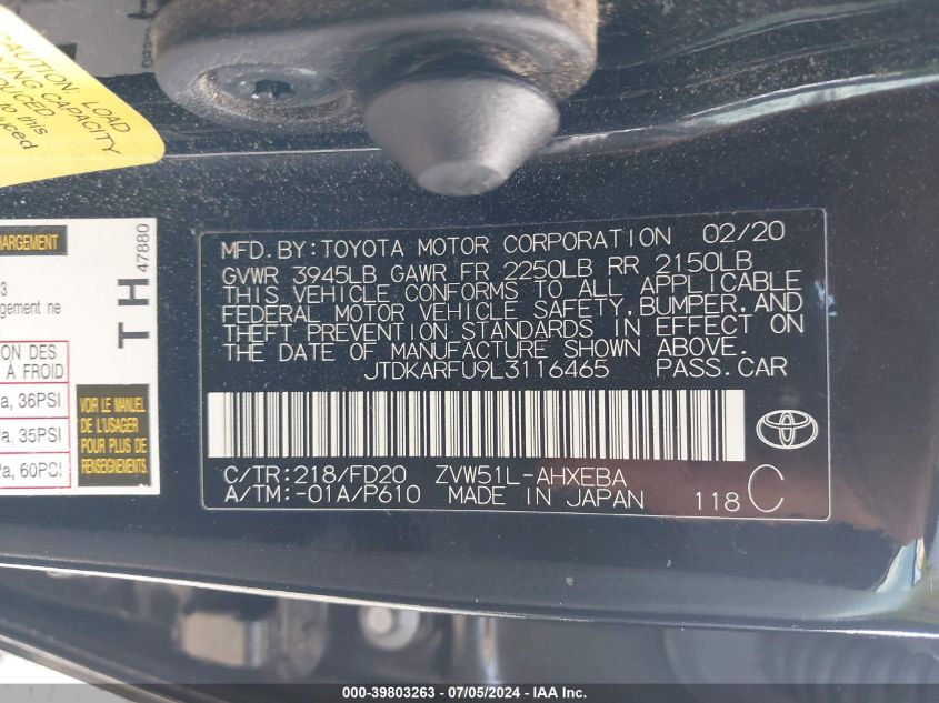 2020 Toyota Prius Le VIN: JTDKARFU9L3116465 Lot: 39803263