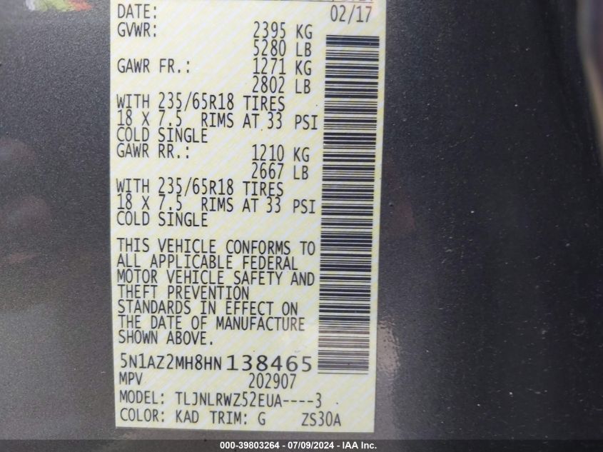 2017 Nissan Murano Sl VIN: 5N1AZ2MH8HN138465 Lot: 39803264