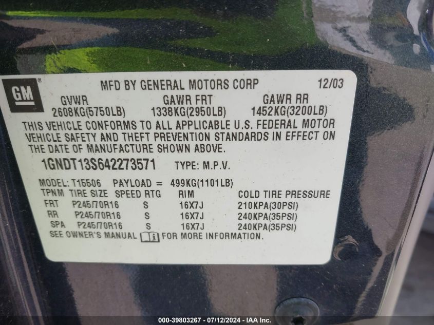 2004 Chevrolet Trailblazer Ls VIN: 1GNDT13S642273571 Lot: 39803267