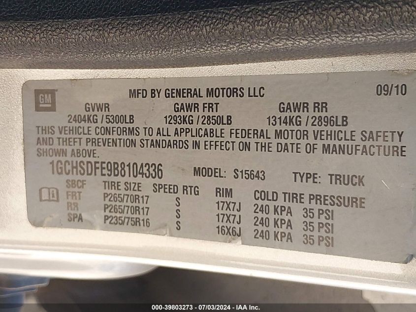 2011 Chevrolet Colorado 2Lt VIN: 1GCHSDFE9B8104336 Lot: 39803273