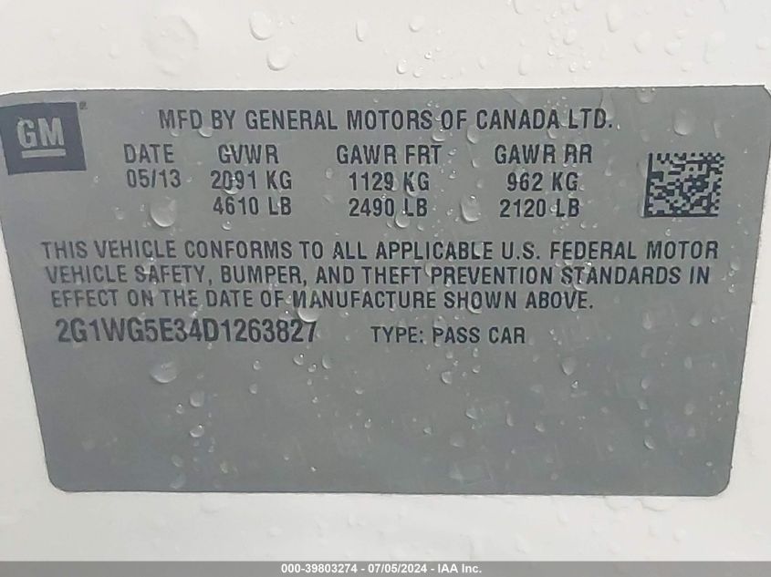 2013 Chevrolet Impala Lt VIN: 2G1WG5E34D1263827 Lot: 39803274