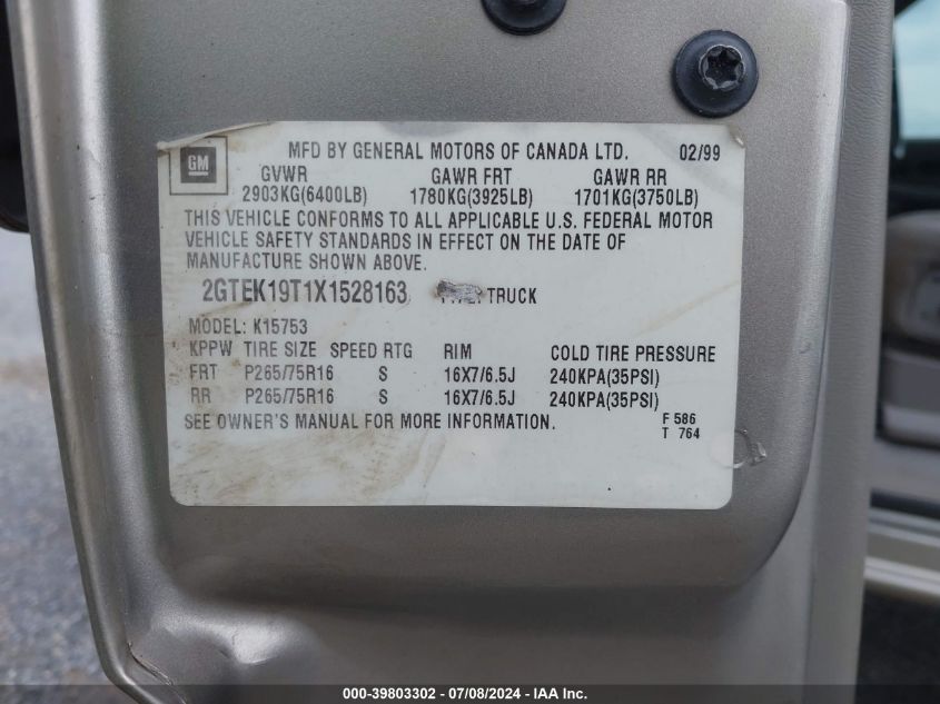 1999 GMC Sierra 1500 K1500 VIN: 2GTEK19T1X1528163 Lot: 39803302