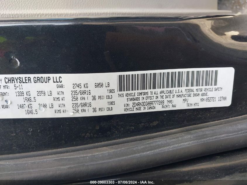 2011 Dodge Grand Caravan Mainstreet VIN: 2D4RN3DG0BR777209 Lot: 39803303